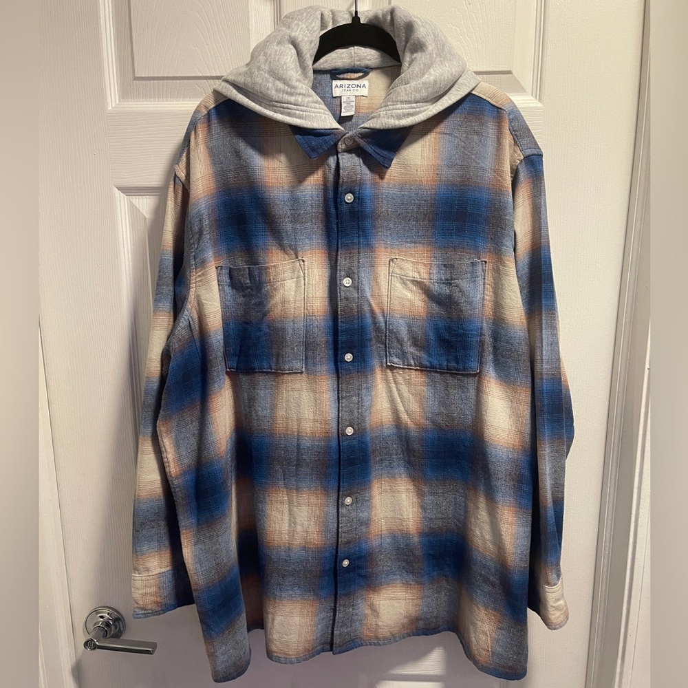 Arizona Big and Tall Mens Hooded Regular Fit Long Sleeve Flannel Shirt Blue 2XL